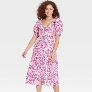 Who What Wear Pink Leopard Linen Blend Puff Sleeve Midi Dress